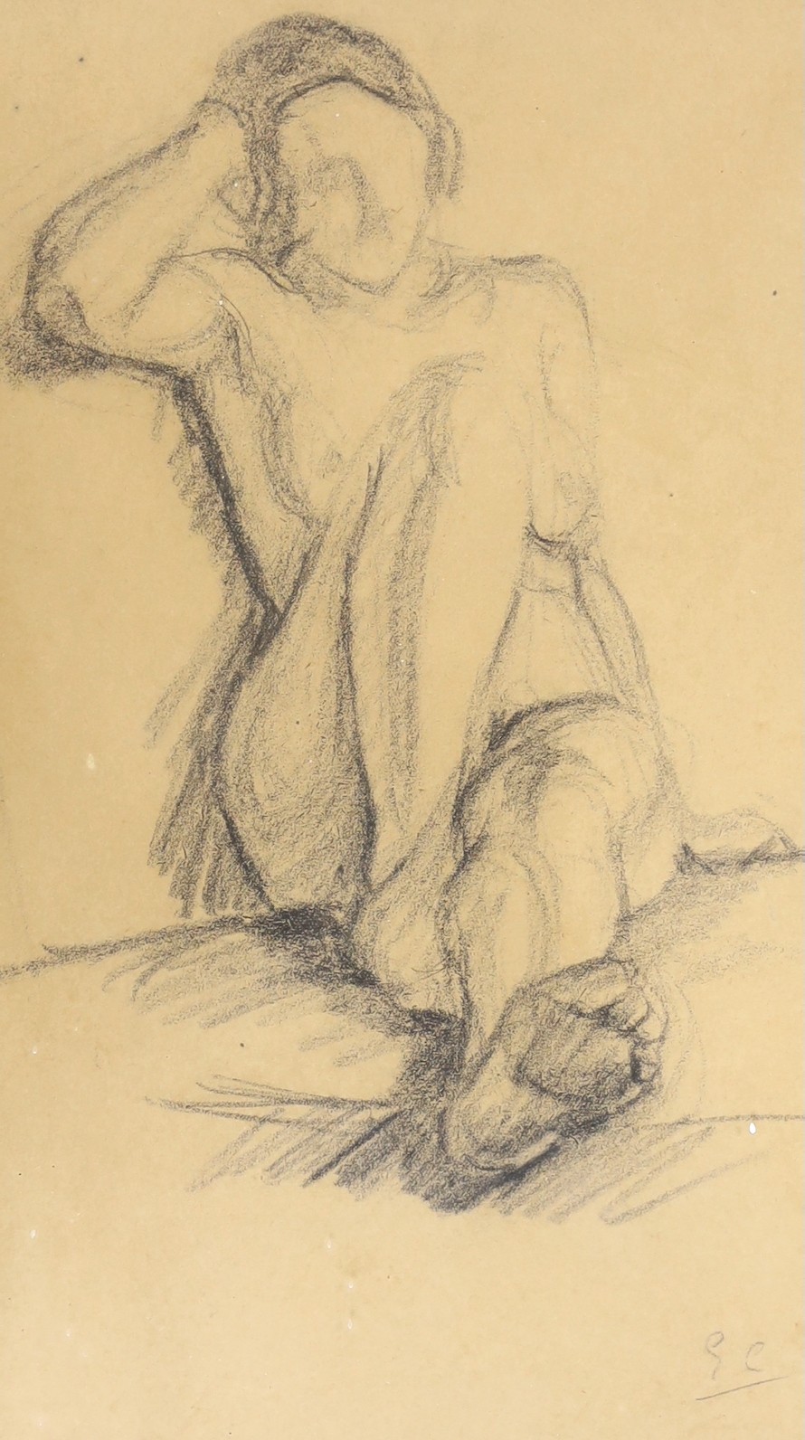 Eugene Carriere (1849-1906), charcoal drawing, Sketch of a seated nude woman, initialled, 30 x 17.5cm